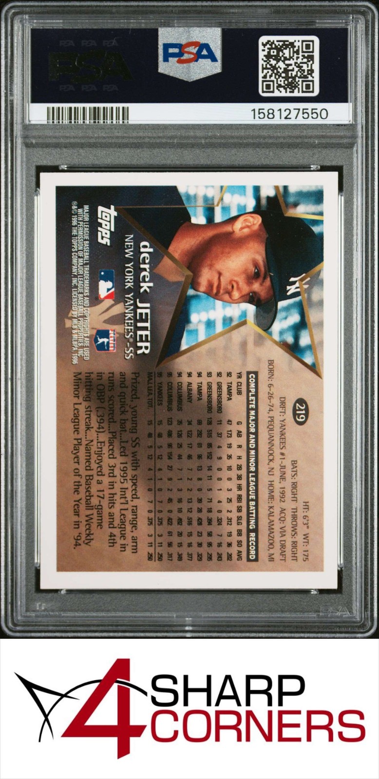 1996 TOPPS #219 DEREK JETER YANKEES HOF FUTURE STAR PSA 10 view 2