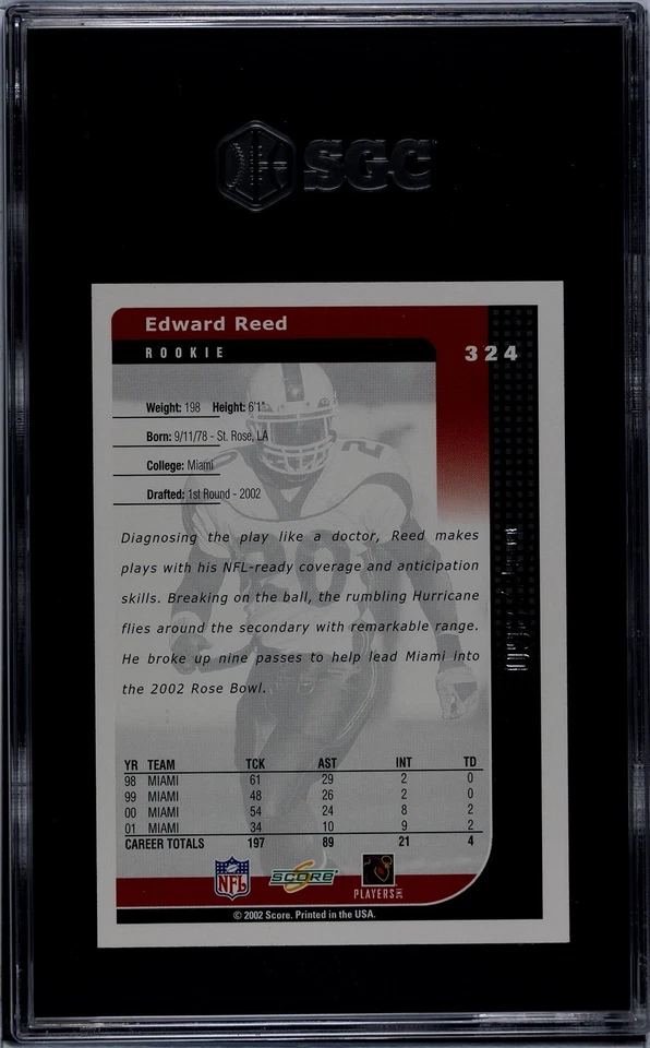 2002 Score Scorecard /400 Ed Reed #324 SGC 9.5 Rookie RC HOF RARE Pop 1 - Image 2 of 2