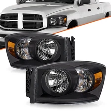 Black Amber Headlights Pair For 2006-2009 Dodge Ram 1500 2500 3500 Headlamp