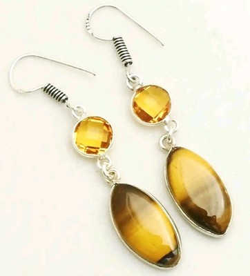 Tigerauge/Citrin Boho Ohrringe - 925 Sterlingsilber - Neu