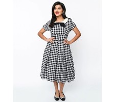 UNIQUE VINTAGE 1950S BLACK & WHITE GINGHAM SWING DRESS – NEW - PLUS & REG SIZES