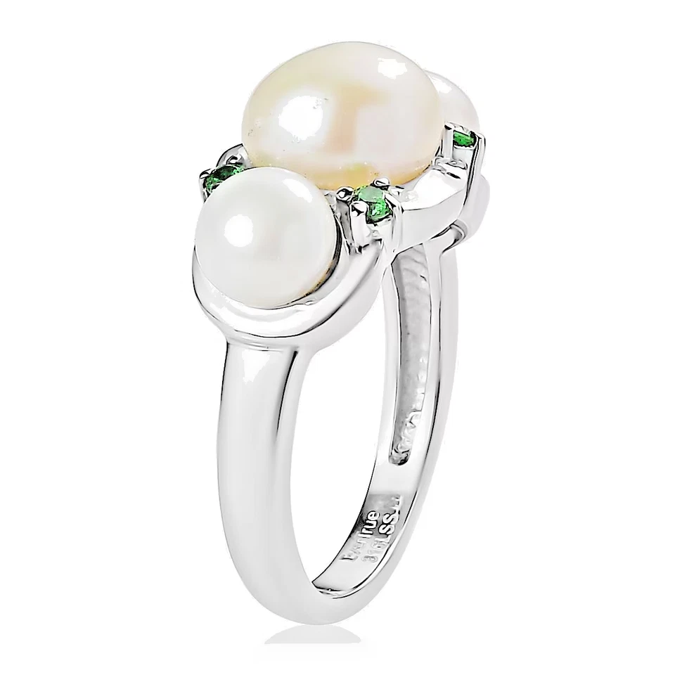 EverTrue 3 淡水珍珠和 6 绿色 CZ 戒指-316L 不锈钢 9 码全新 — 第 3/4 张图片