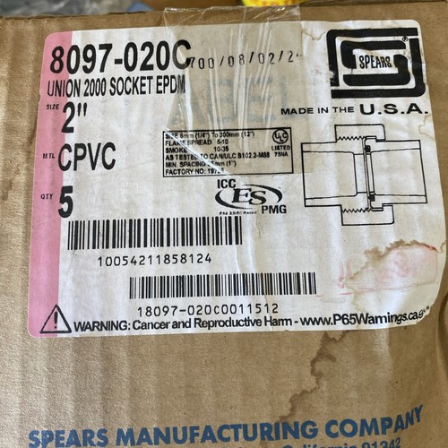 SPEARS 8097-020C, 2 CPVC UNION 2000 SOCKET EPDM 2" INCH SIZE Box Of 5