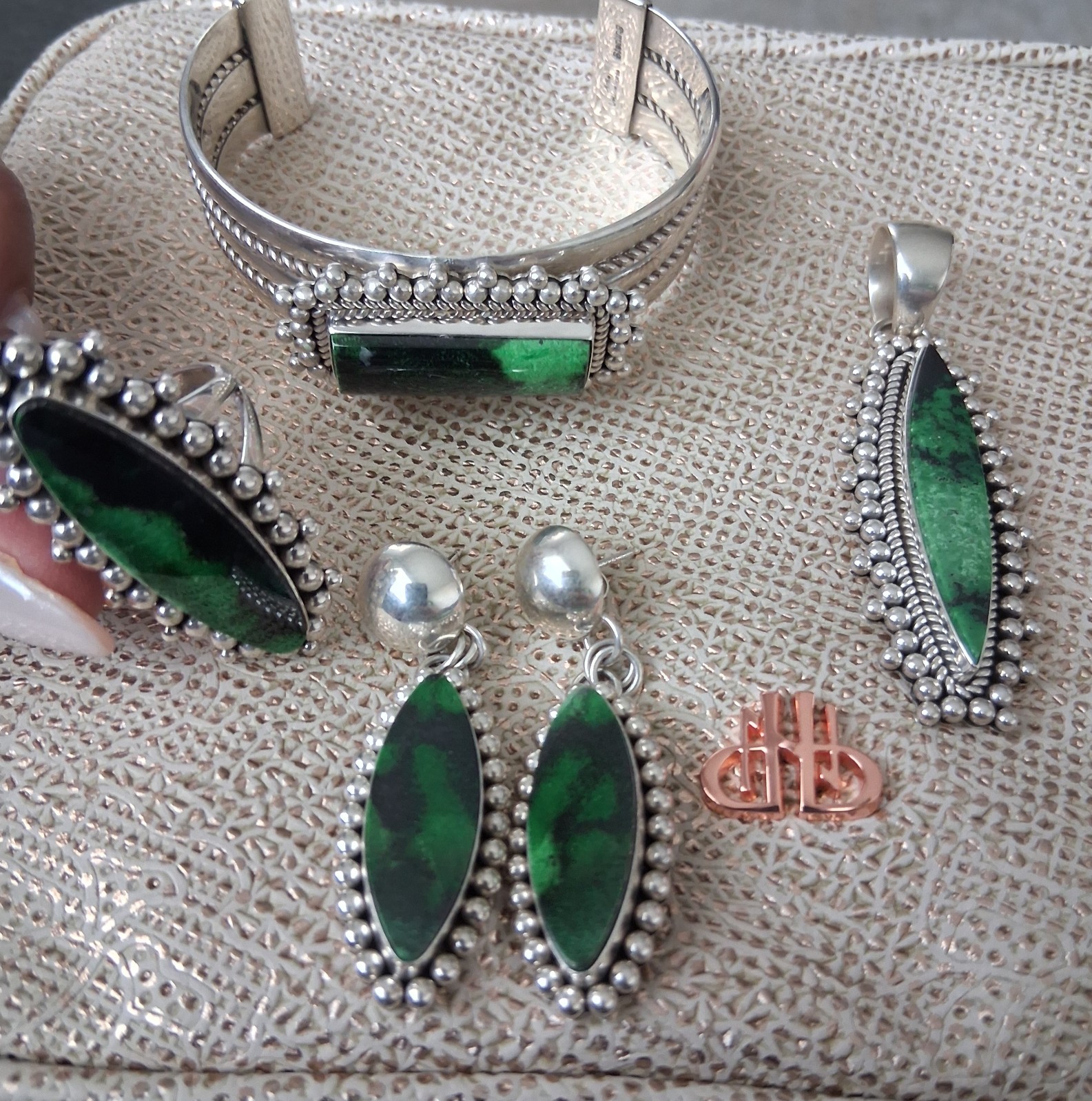Artie Yellowhorse 4 piece Green Garnet sterling silver jewelry set
