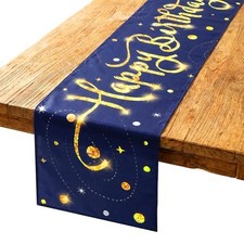 Deep Blue Gold Happy Birthday Table Runner, 72x13 in Confetti Happy Birthday