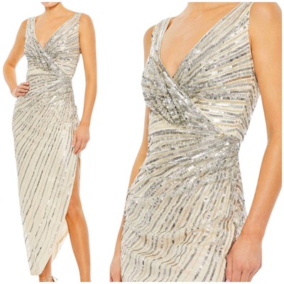 Mac Duggal NWT Silver Yellow Sequin Faux Wrap Sleeveless Midi Dress Size 4 Slit
