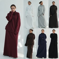 Causal Top Long Skirt Muslim Women Abaya Dubai Kaftan 2Pcs Set Loose Ramadan Eid