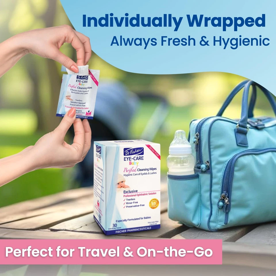 Toallitas para párpados de bebé Dr. Fischer 60 unidades hipoalergénicas sin desgarro sin enjuague Foto 3 de 4