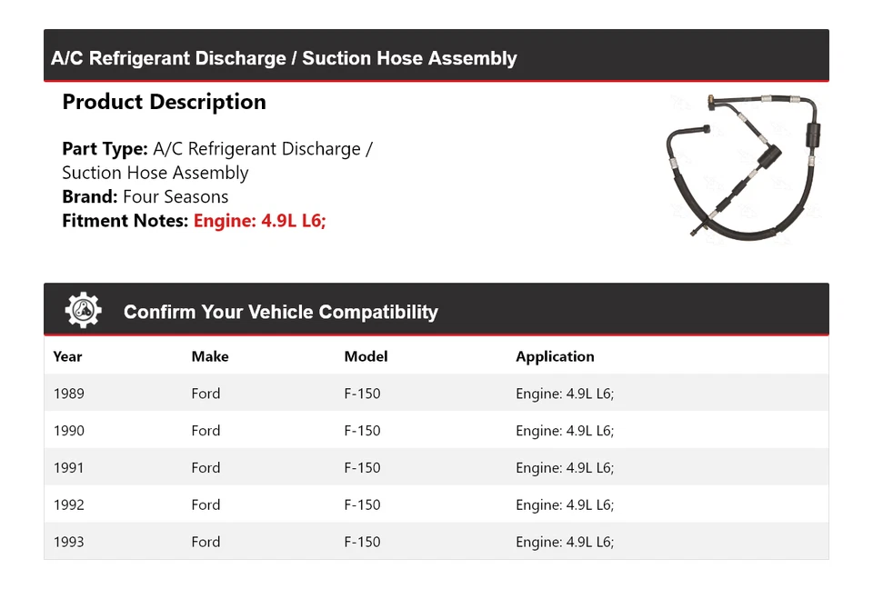 Conjunto de manguera de succión/descarga de refrigerante de CA para Ford F-150 1989-1993 4 estaciones Foto 2 de 4