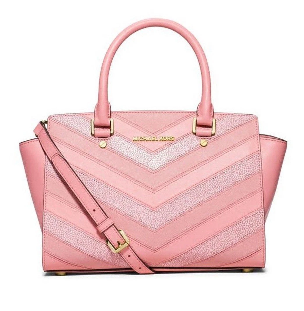Michael Kors Pale Pink Selma Medium Embossed Leather Satchel Crossbody Bag 368