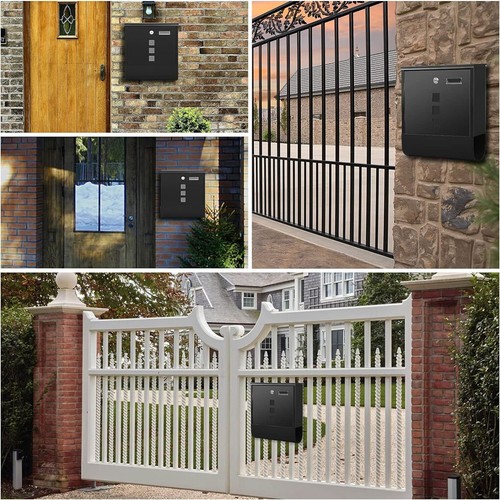 Large Letter Mail Post Box Steel Wall Mounted with Lock and 2 Keys Outdoor Black - Picture 9 of 16