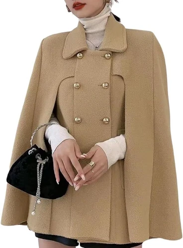 Damen Poncho Zweireiher Schlitz Ärmel fließend Wollmischung Elegant Cape Umhang Coa - Bild 19 von 47