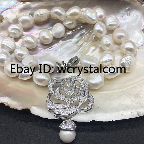 White Baroque Fresh Water Pearl 11-13mm Pave Rhinestone Rose Pendant Necklace - Picture 3 of 6