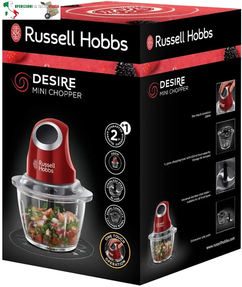 Mini tritatutto elettrico [contenitore in vetro con coperchio] Desire Red (500 m - Immagine 2 di 4