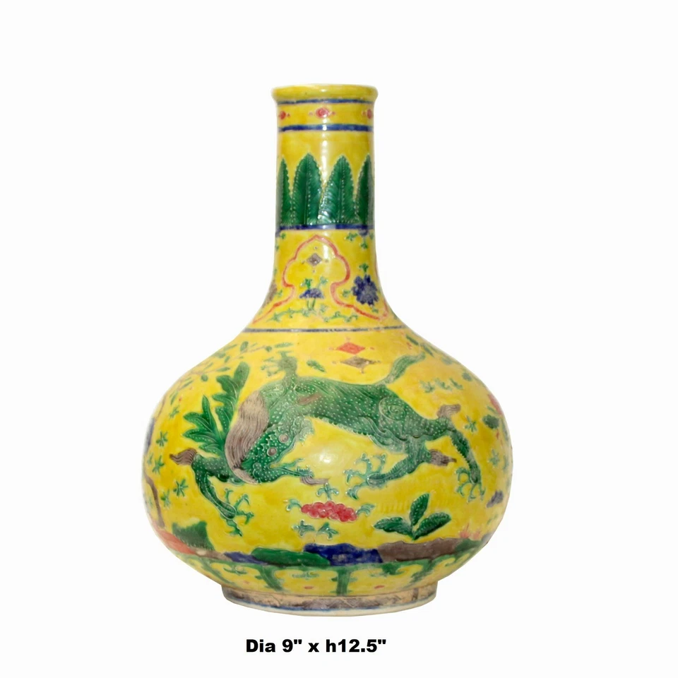 Jarrón hecho a mano de cerámica amarillo dimensional con motivo de flores Foo Dogs ws1066 Foto 2 de 4