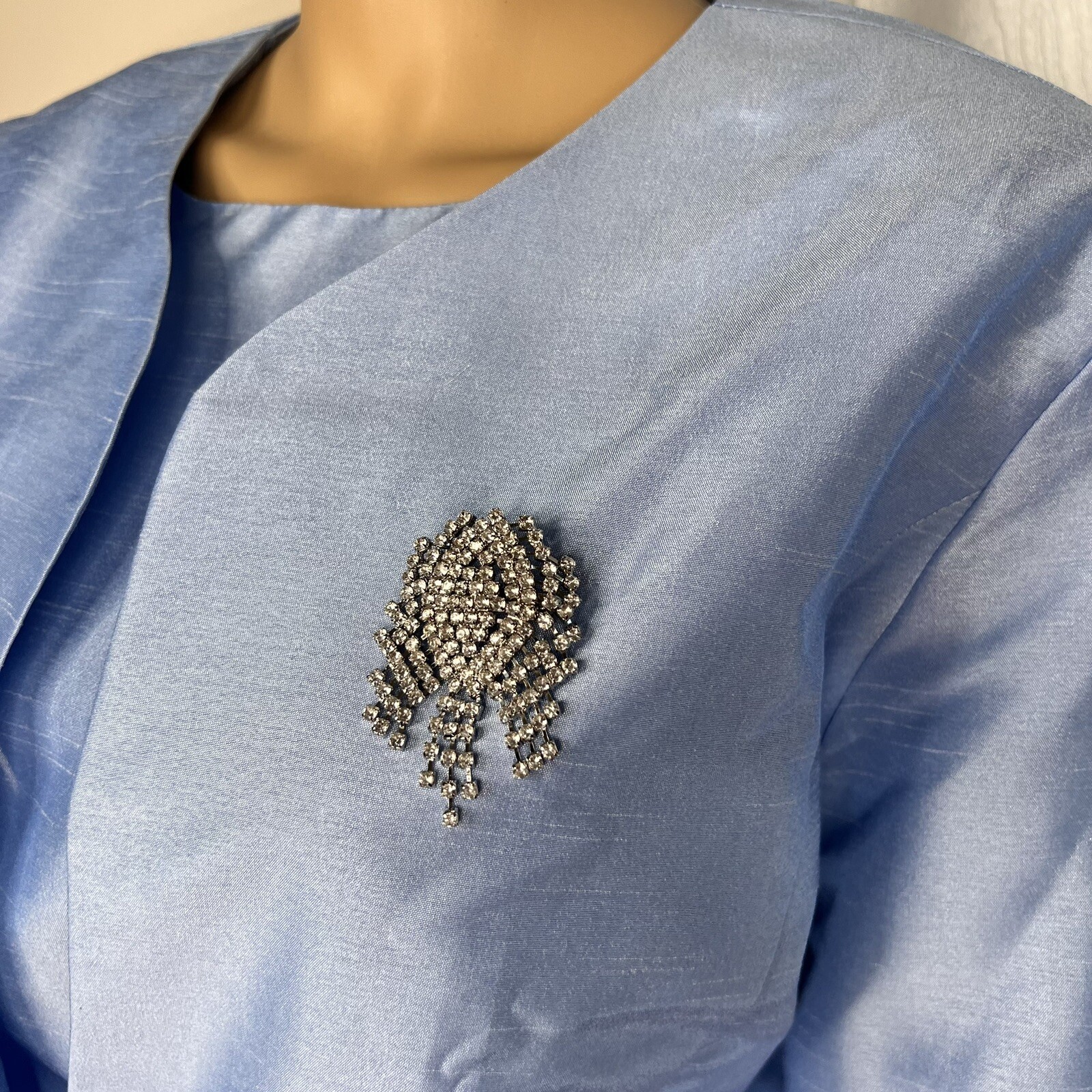 TALLY TAYLOR 3PC Slate Blue Polyester Collarless Cocktail Skirt Suit Top Size 14