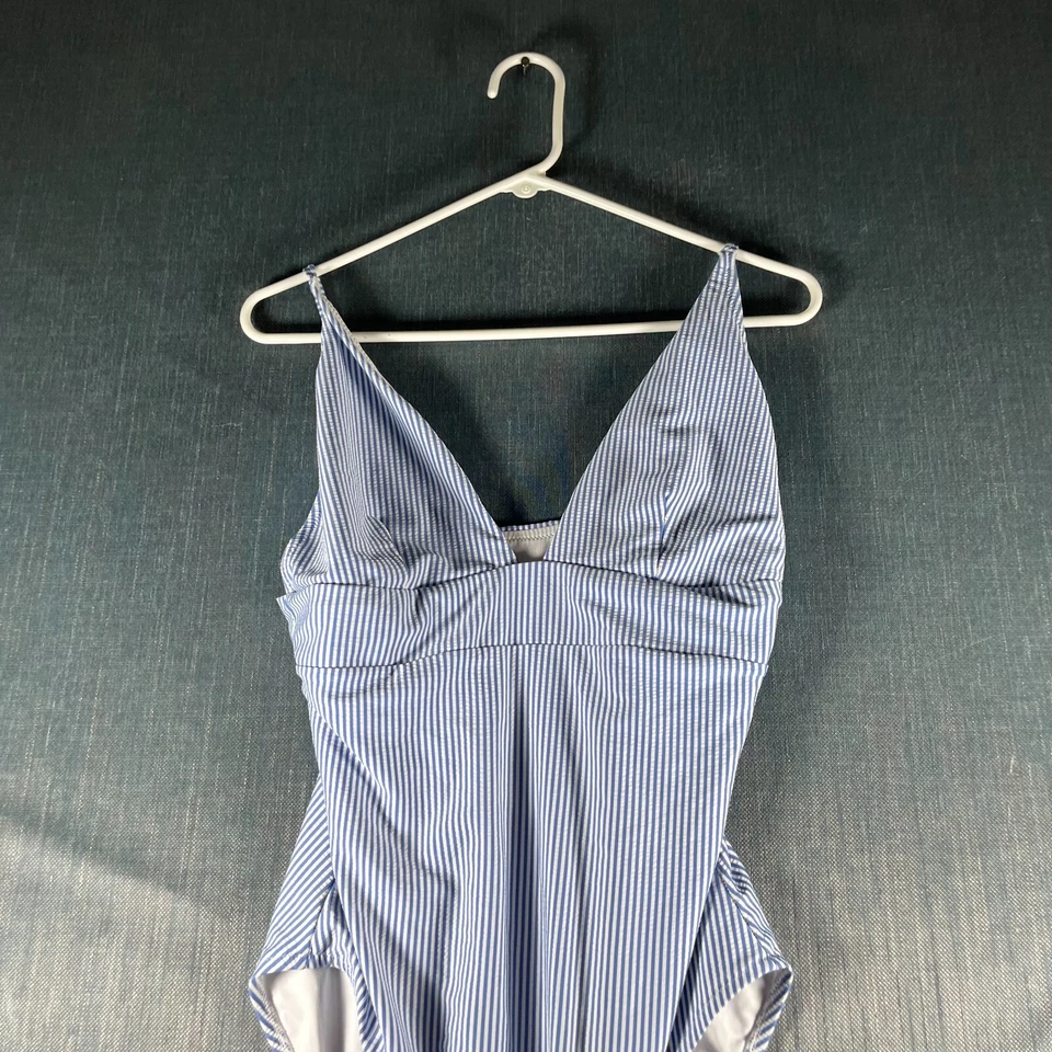 Traje de baño de una pieza J Crew para mujer talla 14 blanco azul a rayas elástico sujetador incorporado Foto 2 de 4