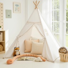 Sumbababy Kids Teepee Tent - Natural Canvas, Fringe, Washable Fabric Playhouse