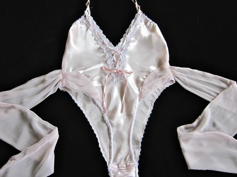 Vintage Slinky Pink Satin Teddy M White Lace Chiffon Sash Lady Cameo of Dallas - Image 4 of 4