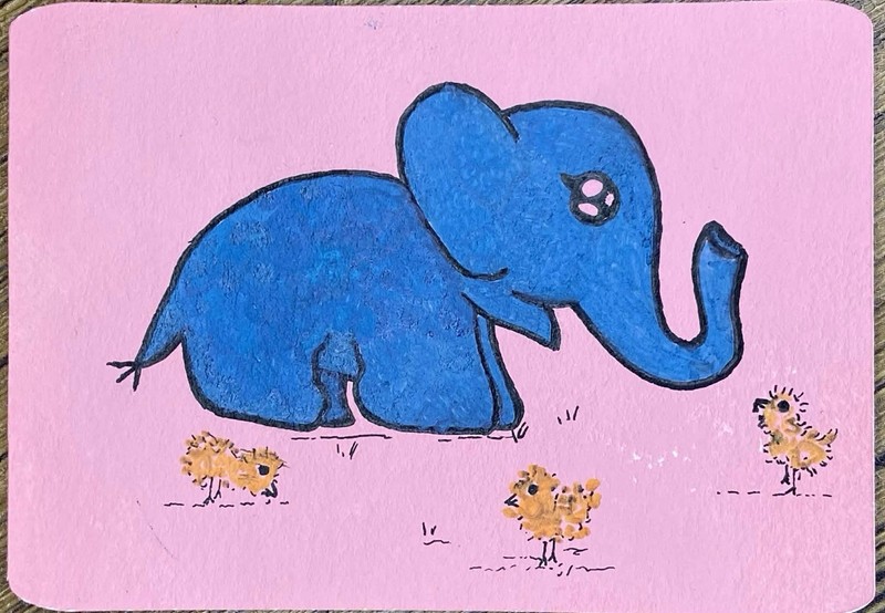 Original ACEO Handmade Elephant Birds Cartoon Drawing Art on Pink Paper
