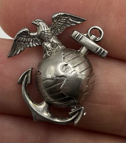 WW2 USMC Sterling Silver Eagle, Globe & Anchor Pin - Marine Corps - 28mm Tall