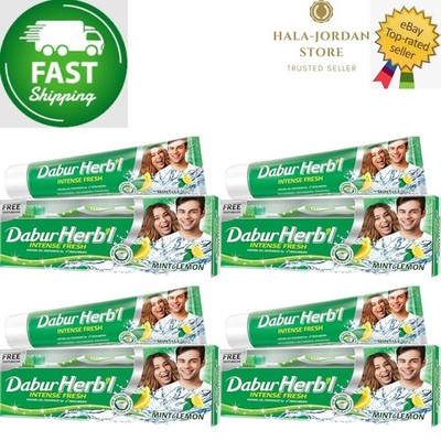 4 X Dabur Herbal Natural Intense Fresh Mint & Lemon Zahnpasta GRATIS Zahnbürste