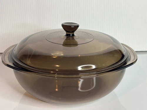 Vintage Pyrex 2.0 Liter Brown Amber Glass Round Casserole Baking Dish 024 Lidded