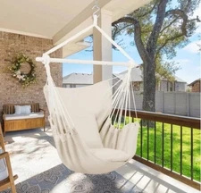Outdoor Hanging Chair “Beige” Two Pillows. Hammock Chair Comfy New Segmart.