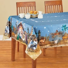 Christmas Holy Night Nativity Scene Tablecloth Table Cover Holiday Decor, 91"L