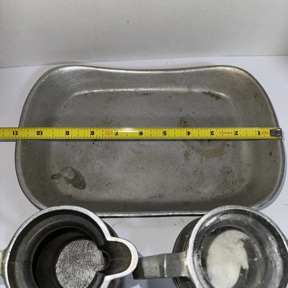 Wilton Armetale RWP Pewter Creamer & Sugar Set w Lids Rustic Bottom Carry Plate - Image 4 of 4