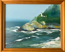 Framed Original Oil Painting Seascape Haceta Head Lighthouse Oregon 9x11" Signed