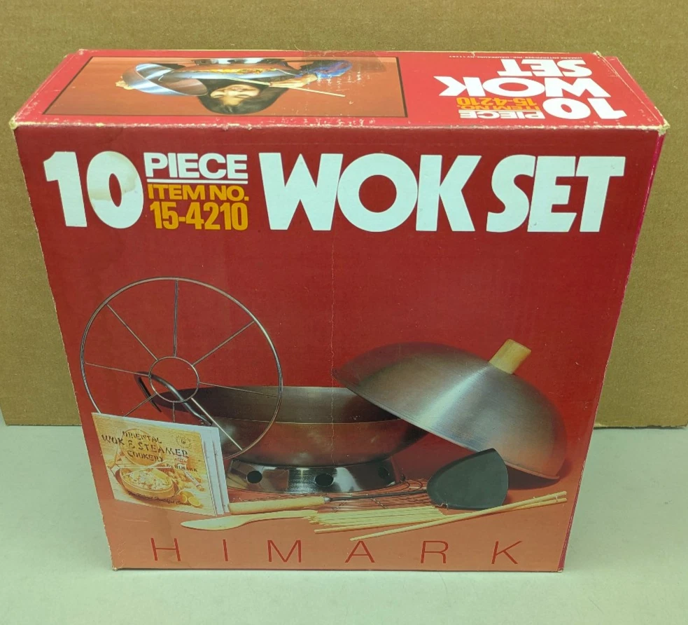 Vintage Himark 10-pc 14" Wok Set NEW! Tempura Rack Recipe Book Item No. 15-4210
