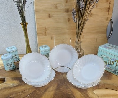 Vintage Anchor Hocking Milk Glass Swirl Bowls Gold Rim Five-Piece Set
