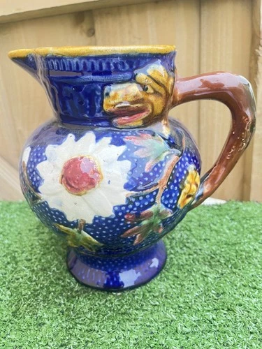 SUPERB MID 19thC MAJOLICA JUG WITH FLOWERS, DOGS HEAD, DOGS PAW & OTHER c1860s