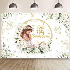 MEHOFOND 7X5Ft First Holy Communion Backdrop for Girl White and Elegant Floral P