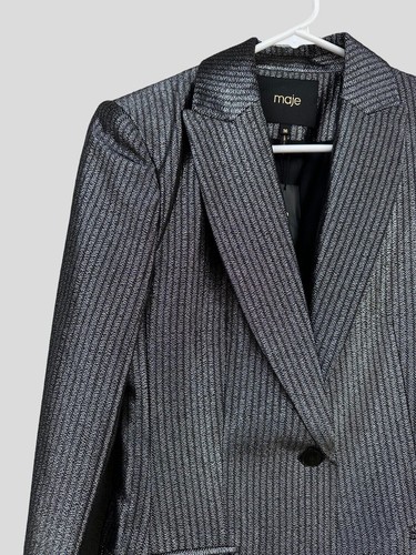 Maje Womens Metallic Suit Blazer Size 2 One Button Gray Business Luxury Academia - Picture 4 of 14