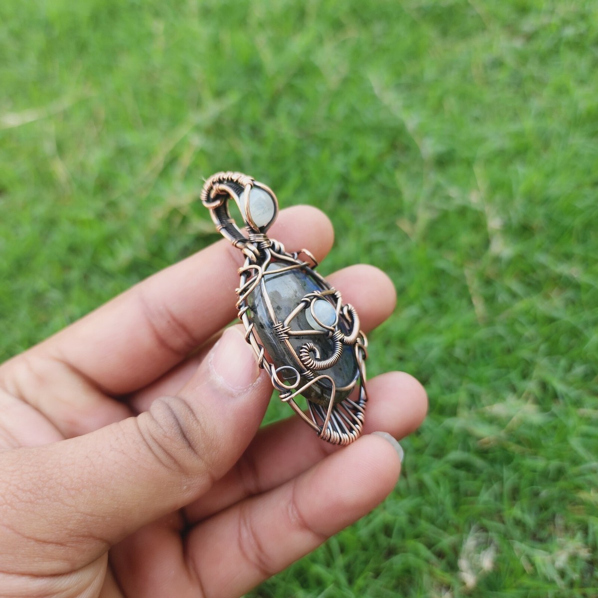 Labradorite Rainbow Moonstone Handmade Wire Wrapped Evil Eye