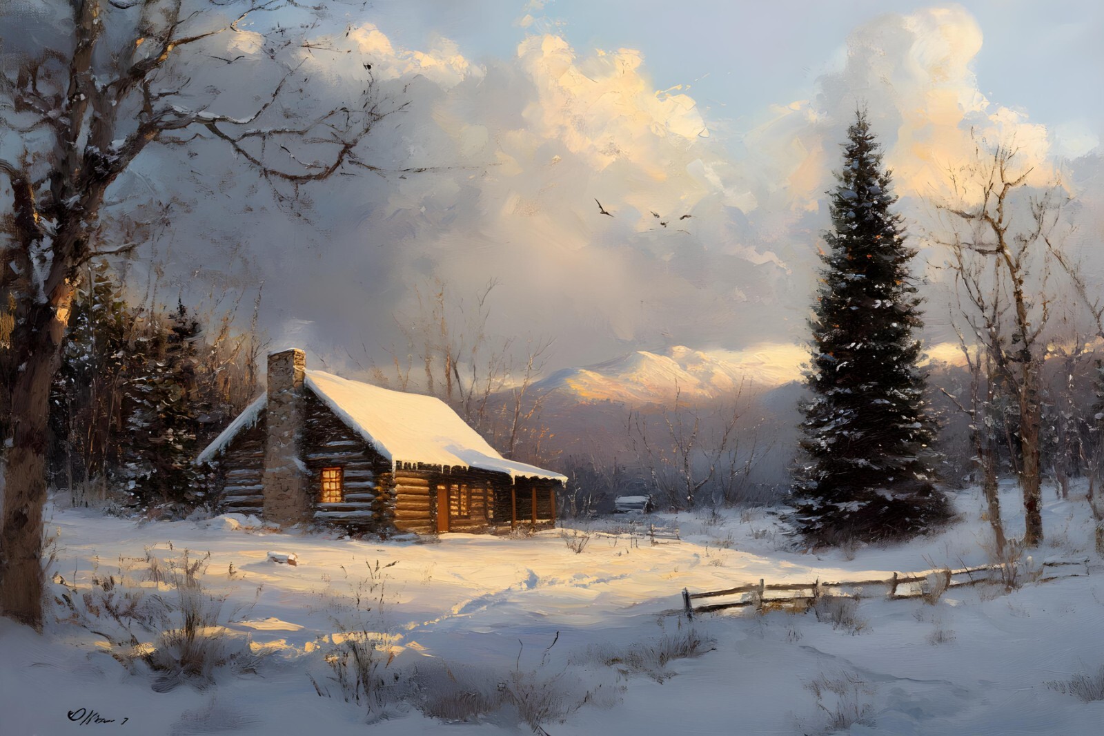 Snowy Log Cabin in Winter Landscape Painting Print Framed Canvas Rustic ...