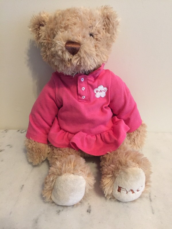 2010 FAO Schwarz 15 inch Pink Polo Dress Plush Bear - Tan - Dist. by Toys"R"US