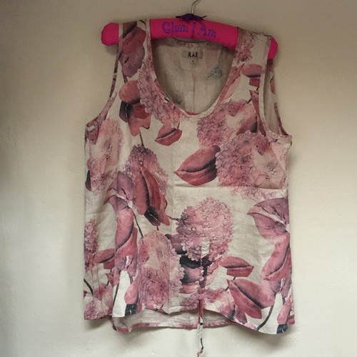 Flachs Damen großer U-Ausschnitt weinrot Blumen Hortensie Leinen gerafft Tanktop neu