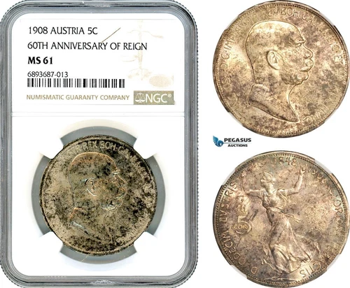 AJ554, Austria, Franz Joseph, 5 Corona 1908, Vienna, Vienna Mint, NGC MS61