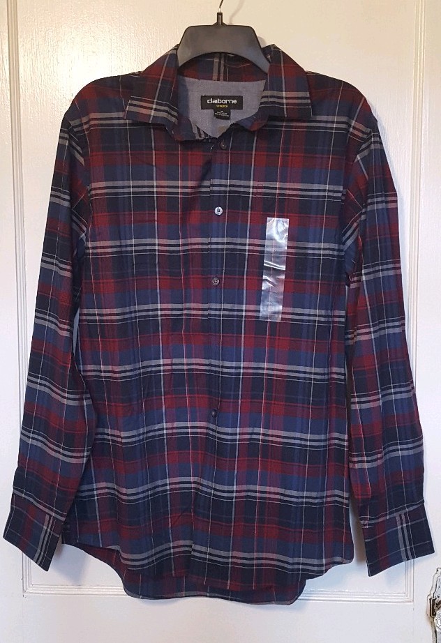 liz claiborne men's dress shirts Liz Claiborne Button Up Shirt Size L Striped Cotton Men's Dark Blue/Gray - NWT