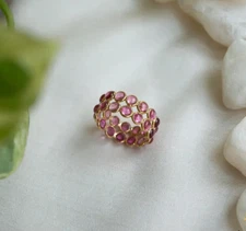 Blooming Pink Tourmaline Gemstone 925 Sterling Silver Gold Plated Eternity Ring