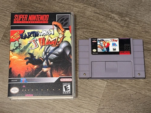 Earthworm Jim + Clam Shell Case Super Nintendo Snes Cleaned & Tested Authentic