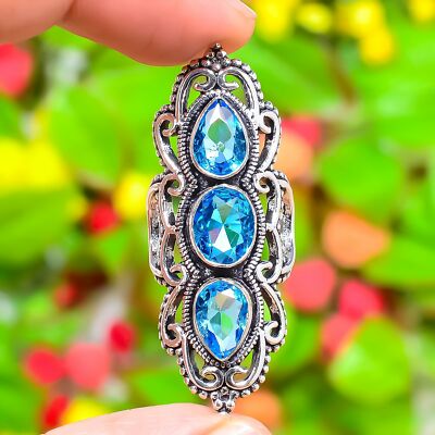 Swiss Blue Topaz Gemstone Handmade 925 Sterling Silver Jewelry Ring Size 10