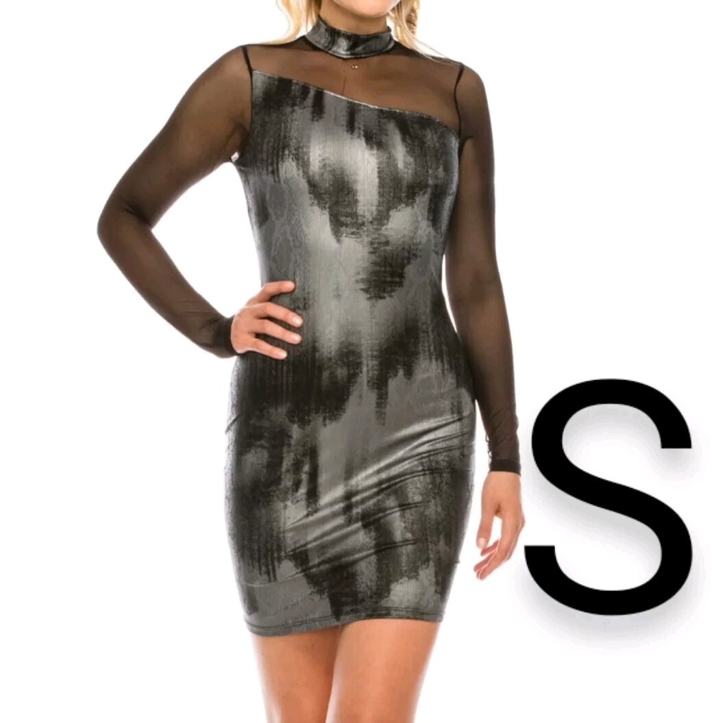 grey spandex dress 🆕Black Metallic Snake Skin Mesh Bodycon Size S Ecom Style:AP1E212232