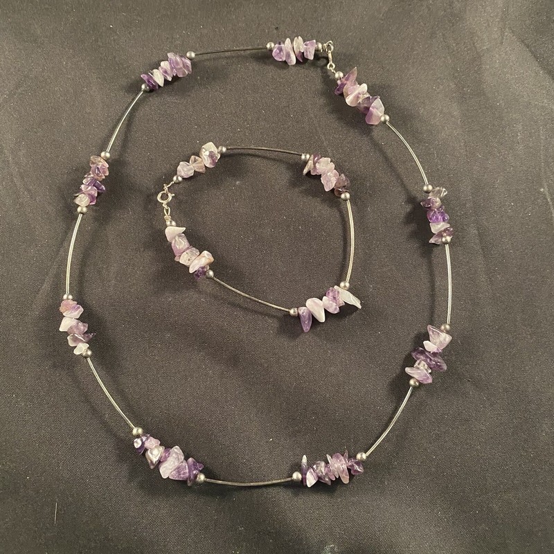 Amethyst and Silver Toned Metal Bracelet and Necklace Set Costume Jewelry 