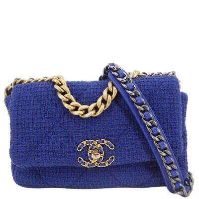 CHANEL 19 Flap Quilted Tweed Shoulder Bag Blue | eBay