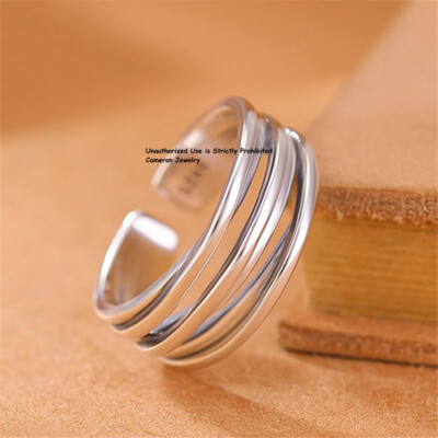Pure S925 Sterling Silver Men Women Lucky Three Line Open Ring