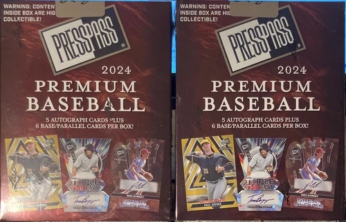 2 2024 PRESS PASS PREMIUM BASEBALL HOBBY BOXES 5 AUTO 6 BASE/PARA PER BOX LOADED
